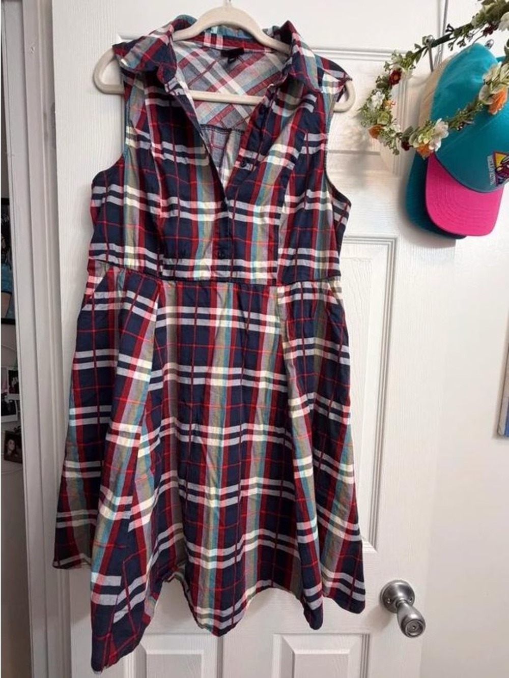 Girls Sleeveless Navy Red Plaid Casual Dress